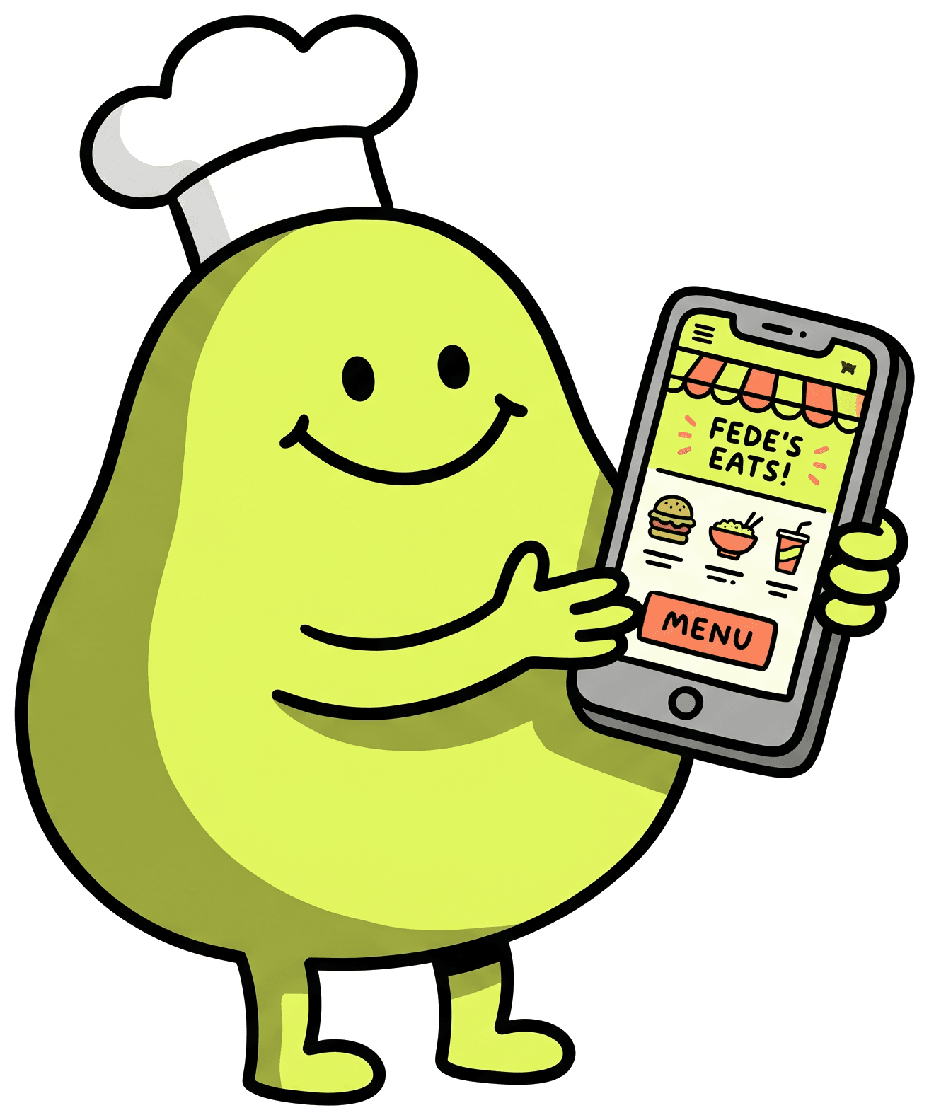 Fede, la mascota de Markerante, presentando un sitio web de restaurante en un celular
